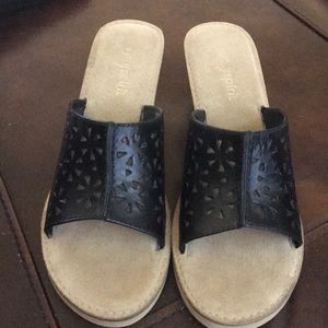 Black high heel sandals.